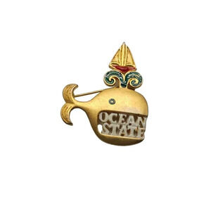 Ren Multicolor Enamel Ocean State Rhode Island Whale Brooch Gold Tone Vintage